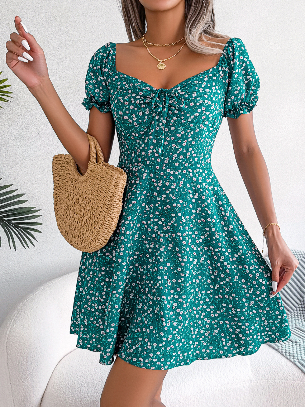 Women Casual Square Neck Flare Short Sleeve Floral Dress, Elegant A Line Spring Summer Dress For Fashionable Women deep Blue s