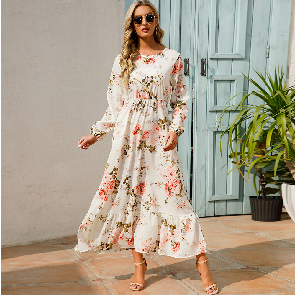 Women Maxi Dresses Bohemian Casual, Full Sleeve High Waist Beach Woman Chiffon Floral Long Dress 3 xl