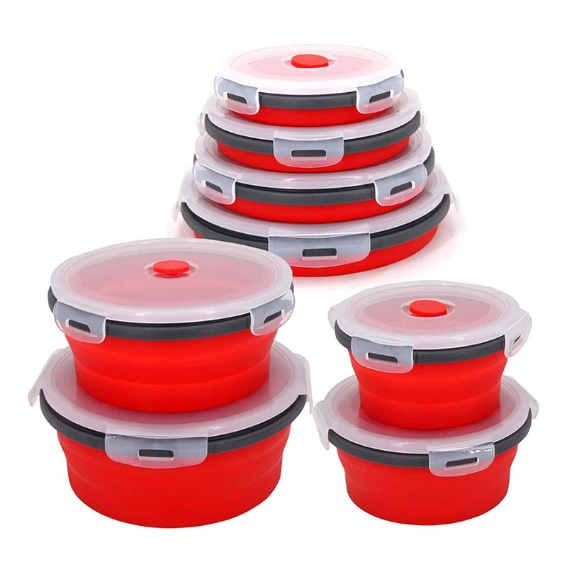 Collapsible Silicone Lunch Box With Lid Microwave Safe Folding Food Container For Work & Travel red 500ml (17 Fl Oz)