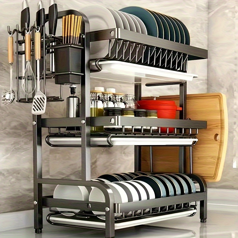 Large Capacity Dish Drainer Three Tier Space Saving Dish Rack Utensil Holder For Kitchen Tableware Large Capacity Dish Drainer Three Tier Space Saving Dish Rack Utensil Holder For Kitchen Tableware