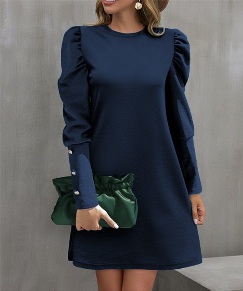 Solid Color Round Collar Bubble Sleeve Button Long Sleeved Dress, Women's Autumn And Winter New Fashion Outfit navy Blue l