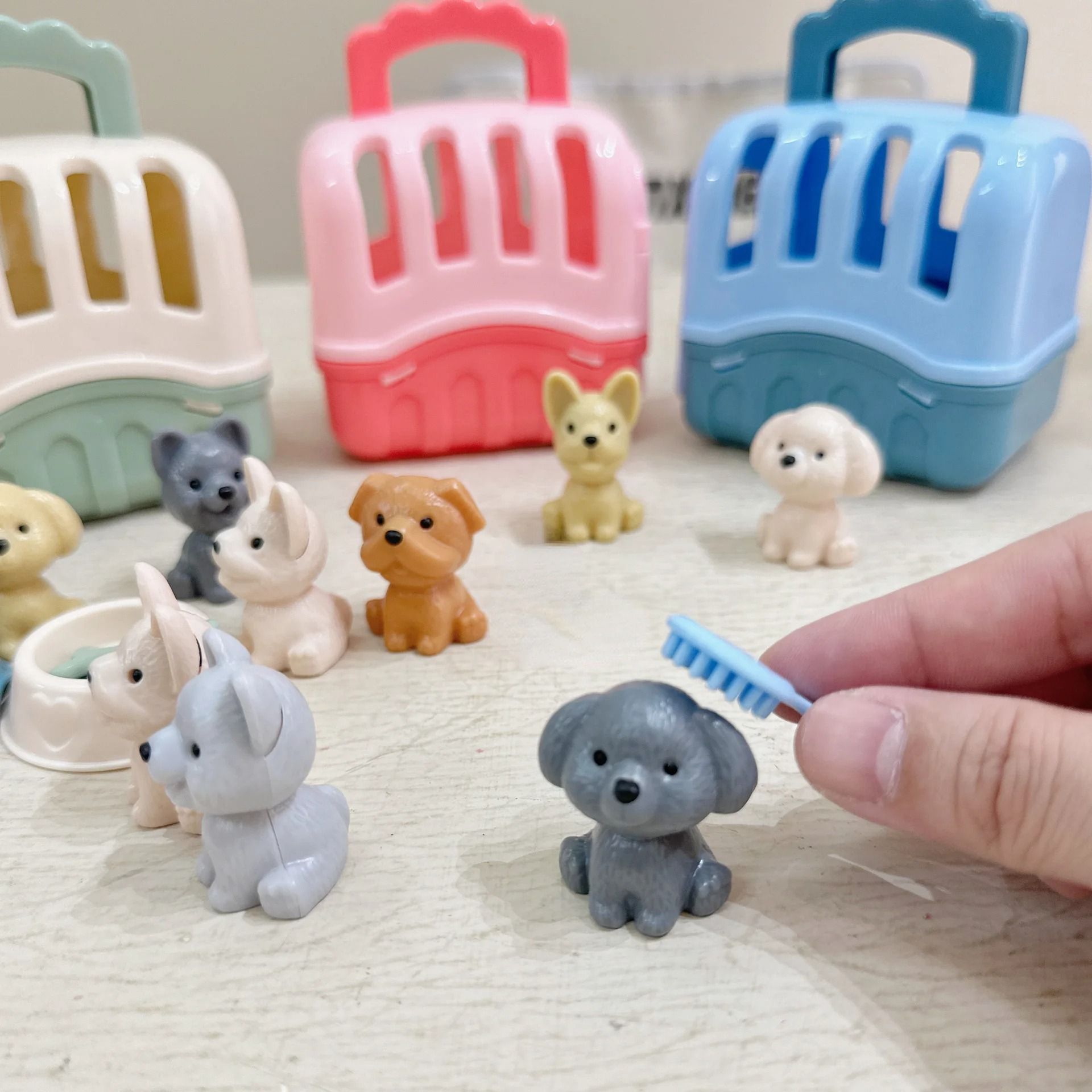8 Piece Puppy Family Play Set Miniature Pet Basket & Dog Doll Collection pink