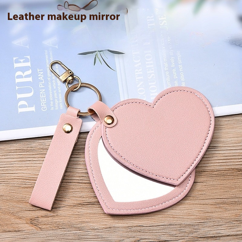 Portable Compact Heart Shape PU Leather Makeup Mirror Creativity Keychain For Purse Travel Gift orange