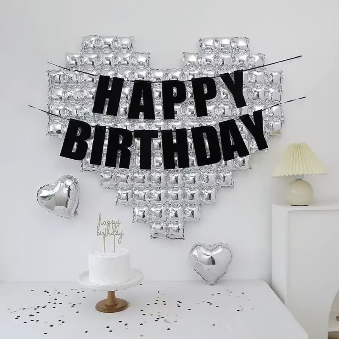 Oversized Silver Mosaic Heart Backdrop Balloons Happy Birthday Decorations Black Glitter Banner Oversized Silver Mosaic Heart Backdrop Balloons Happy Birthday Decorations Black Glitter Banner
