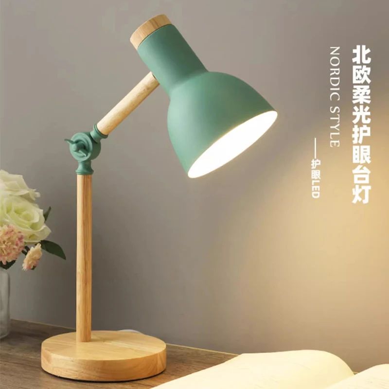 Nordic Wooden LED Table Lamp Turning Head, Minimal Bedside Desk Light Eye Care Reading Lamp For Bedroom Study green uk Plug