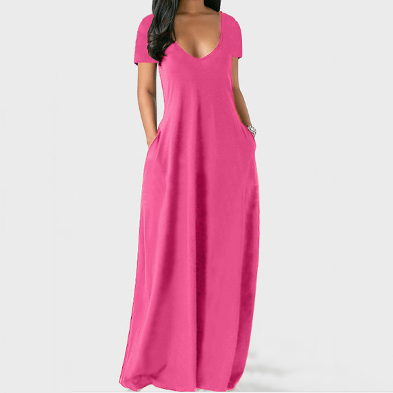 Women's Sexy Deep V Solid Color Dress, European And American Spring And Summer Long Skirt pink xl