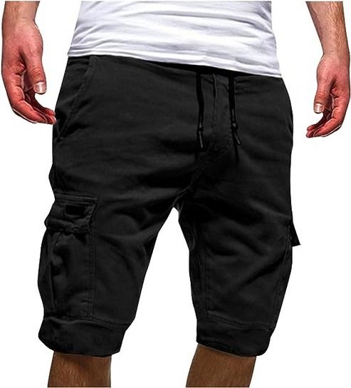 Men Chino Cargo Shorts, Drawstring Waist, Elastic Waistband, Comfortable Summer Trousers For Work & black 28" 30"