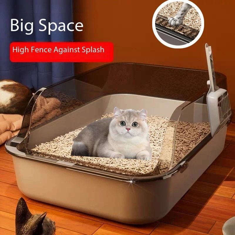 Semi Enclosed High Side Splashproof Cat Litter Box With Shield pink m