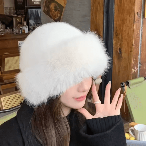 Womens Winter Plush Bucket Hat Thickened Fluffy Mongolian Style Warm Cap For Skiing And Riding orange