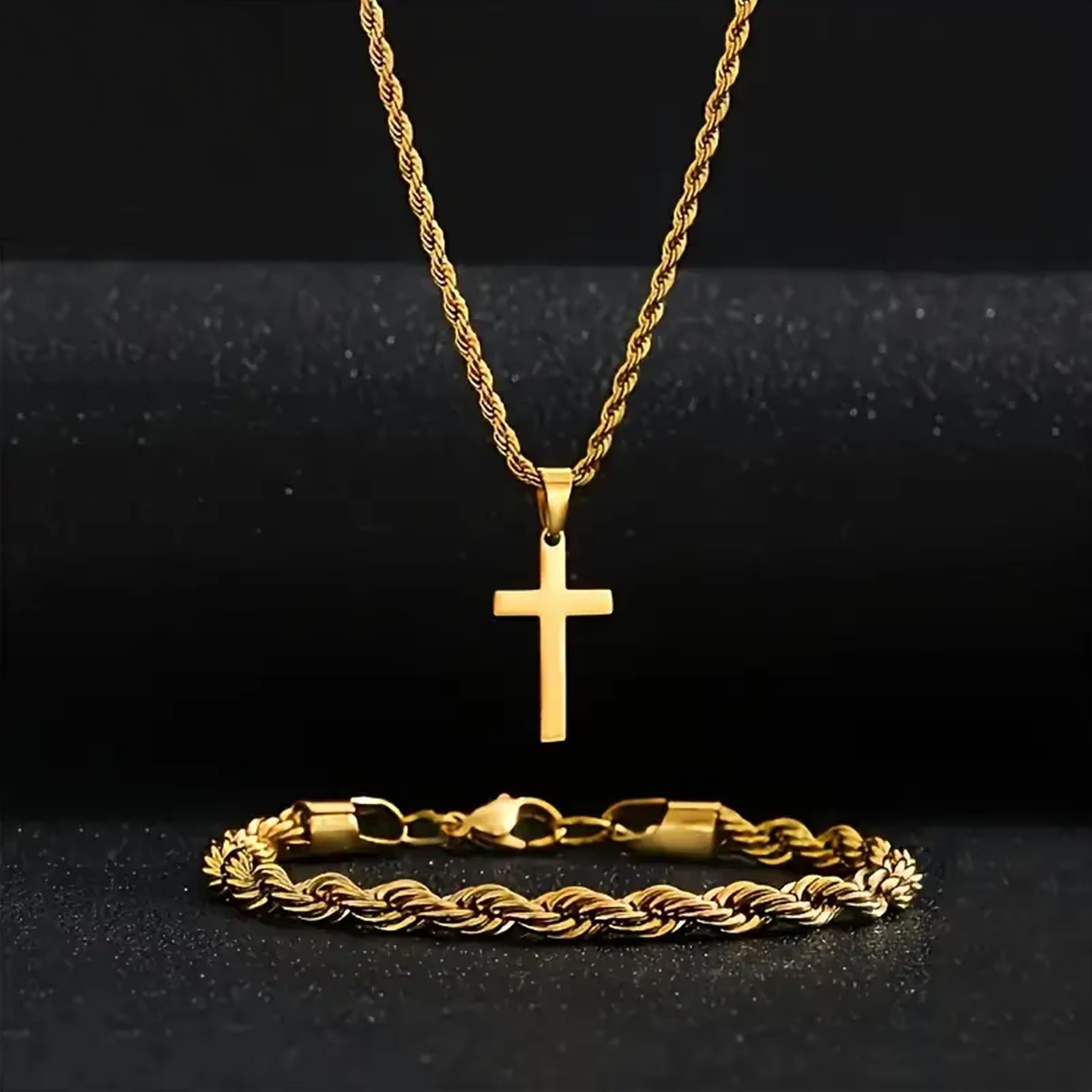 Durable Twisted Rope Cross Necklace And Bracelet Set Stainless Steel Jewelry Simple Casual Style Gift gold