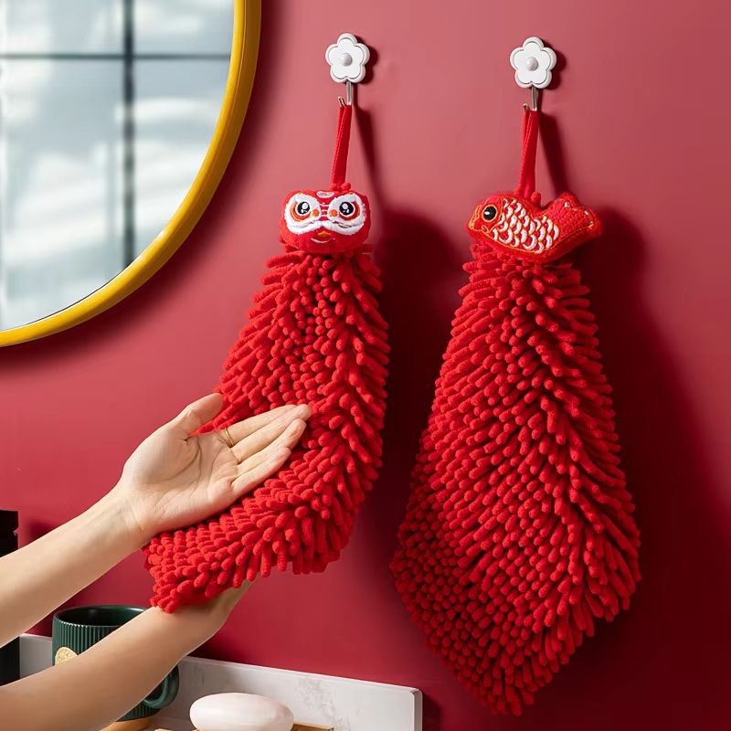 3PCS Cartoon Red Chenille Hand Towel Hanging Quick Dry Kitchen Towel Set For Bathroom And Home Cleaning 3pcs Fu Character