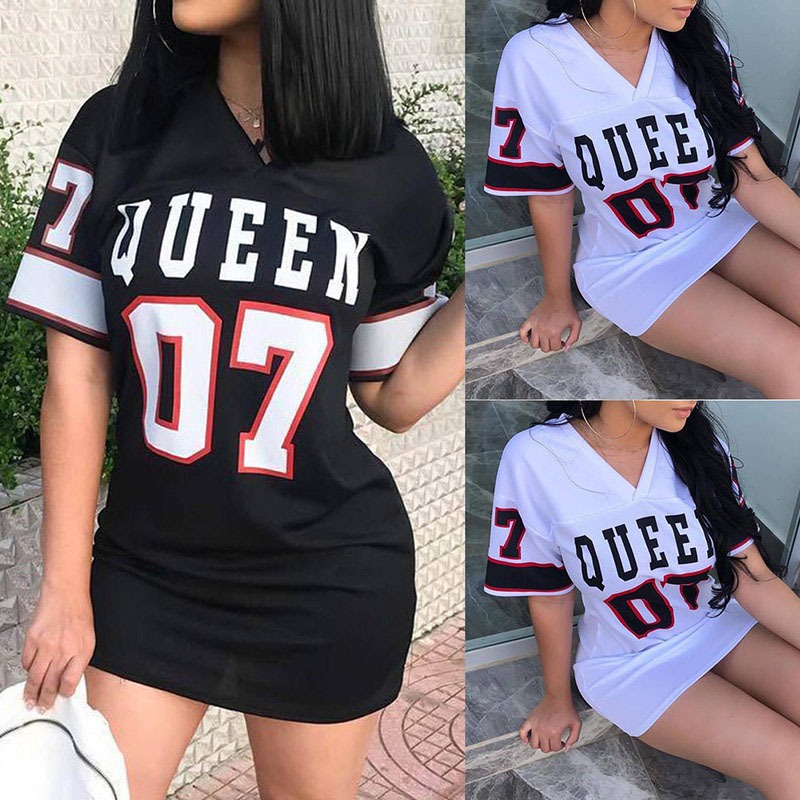 V Neck Queen Letters Print Dress Short Sleeve Basketball Sporty Style Sexy Loose Female Clothing Streetwear black m