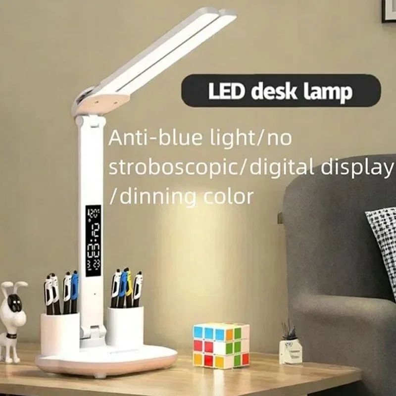 LED Desk Lamp With Clock Calendar Temperature, USB Touch Dimmable Foldable Table Light Night Lamp For Study Reading one Head no Battery