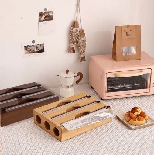 Bamboo Cling Film Tin Foil Cutter Box Kitchen Organizer With Built In Cutter 1 Pc ds019hei2