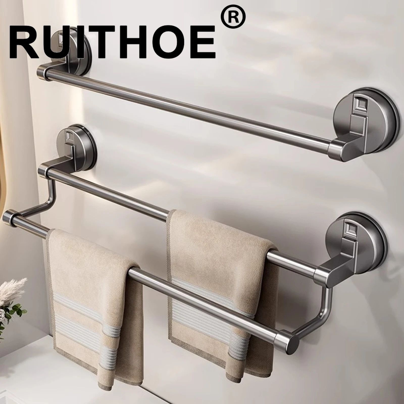 Suction Cup Double Bar Bathroom Towel Rack white 50cm