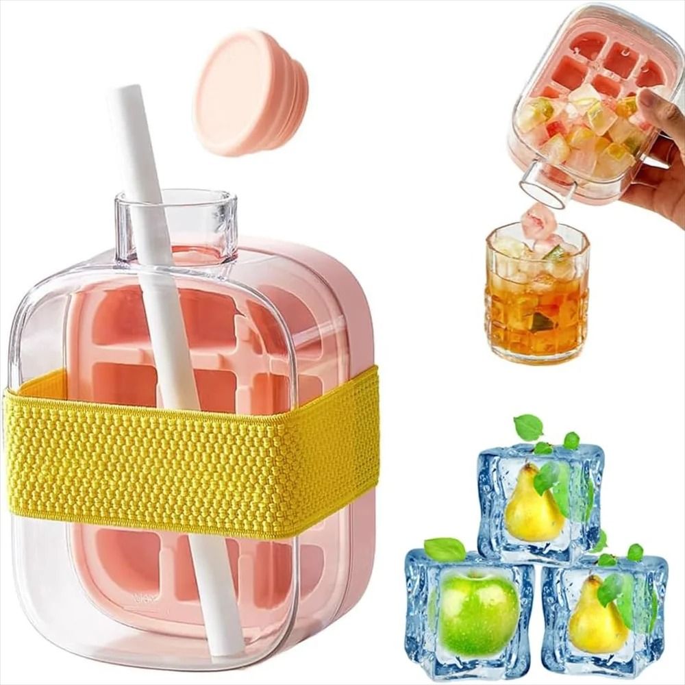 2 in 1 Press Ice Cube Mold & Portable Water Bottle Leak Proof Ice Cube Tray With Bin 800 Ml Green