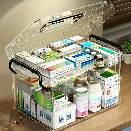 Double Layer Transparent Medicine Storage Box With Handle Clear PVC And Plastic Organizer white