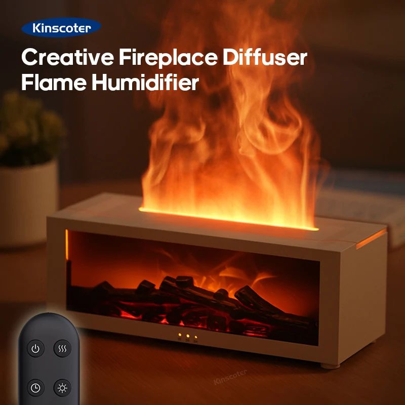 Creative Fireplace Style Air Humidifier And Aroma Diffuser With LED Light And Remote Control black