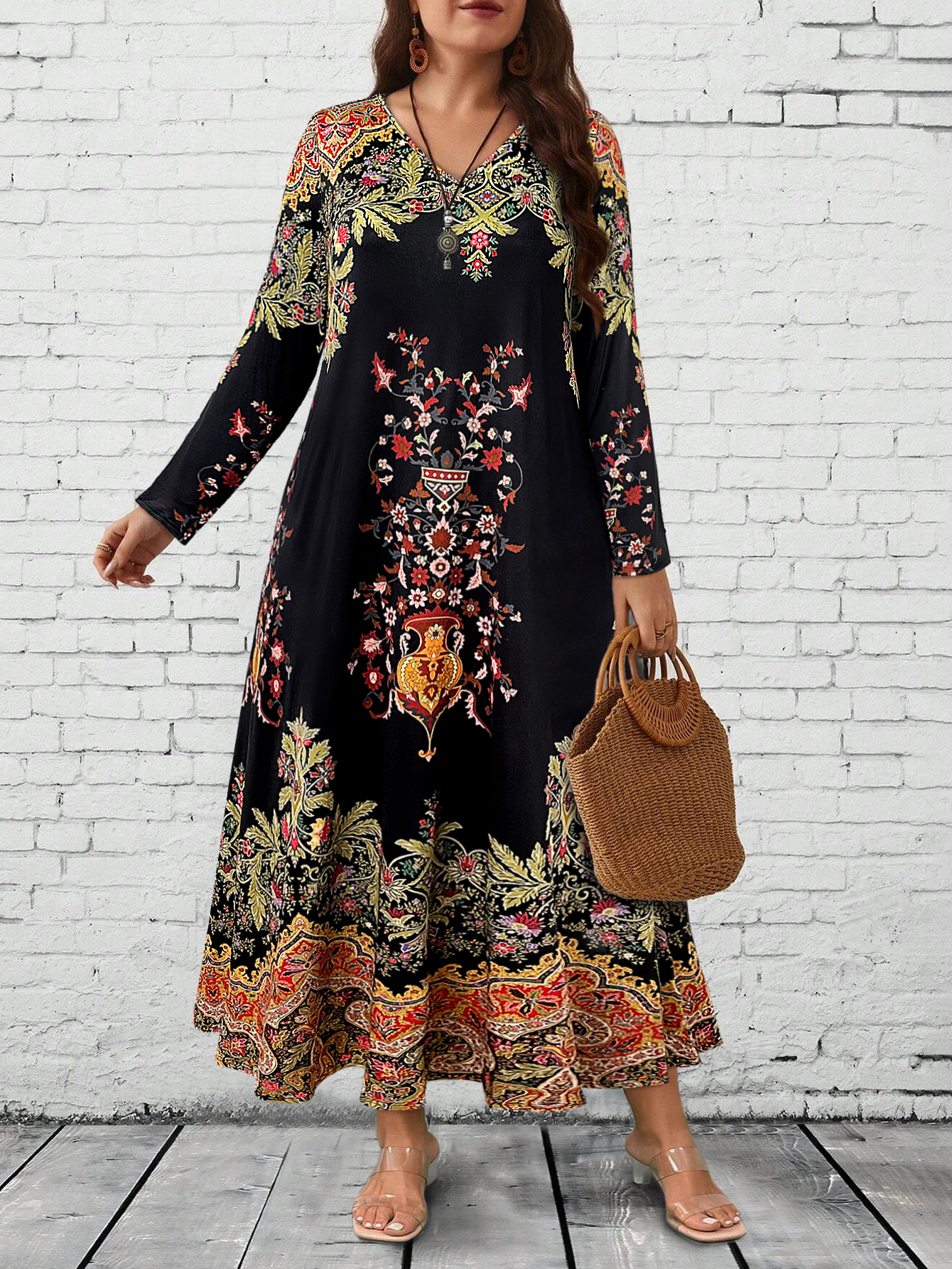 Floral Maxi Dress Women, Long Sleeve V Neck, Ethnic Print, Relaxed Casual And Festival Wear black 3xl