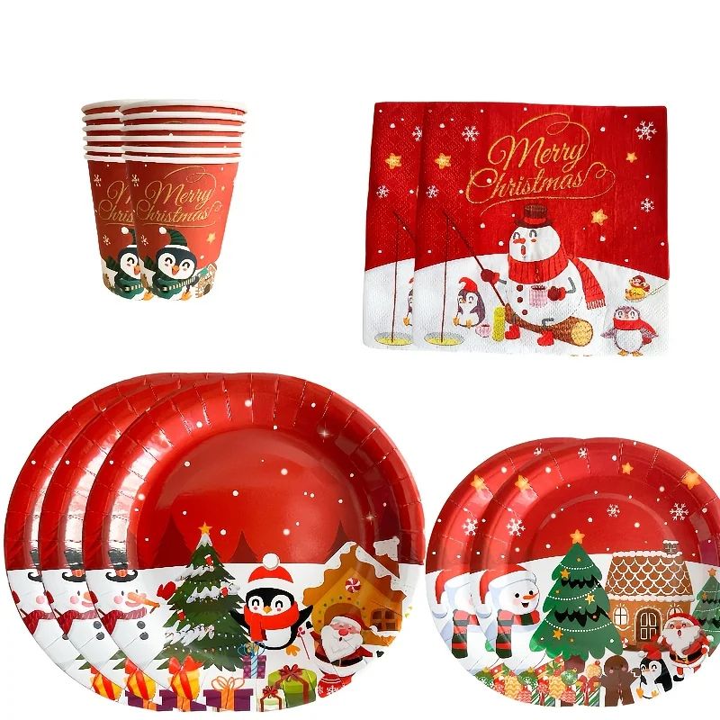 Christmas Party Tableware Set (10 Pack) Disposable Paper Plates And Cups With Napkins Banner Decor tablecloth 1sheet
