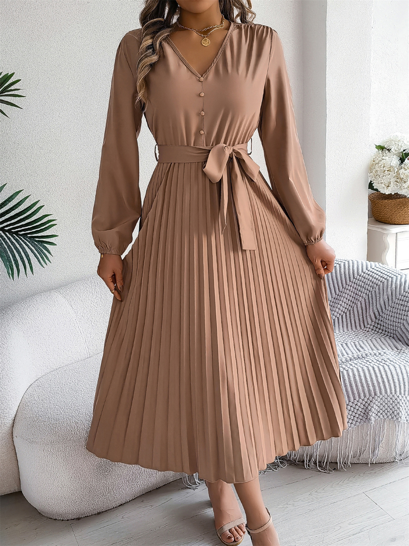 Elegant Women's Autumn Winter V neck Buttoned Lace up Pleated Long Skirt Dress khaki xl