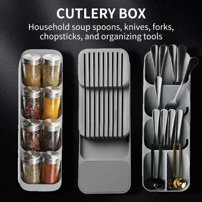 Expandable Kitchen Drawer Organizer Cutlery Tray With Knife Holder And Spice Bottle Slots fork Spoon Storage