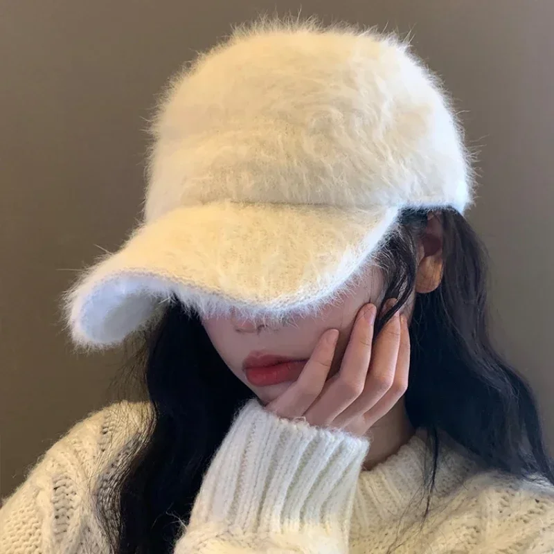 Korean Warm Rabbit Hair Baseball Cap Women, Autumn Winter Solid Color Plush Duck Bill Hat red