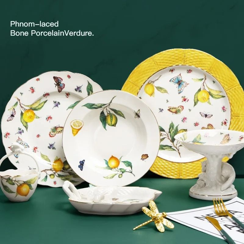 European Style Lemon Pattern Ceramic Dining Set Elegant Dinner, Steak & Dessert Plates 7.5 In Plate