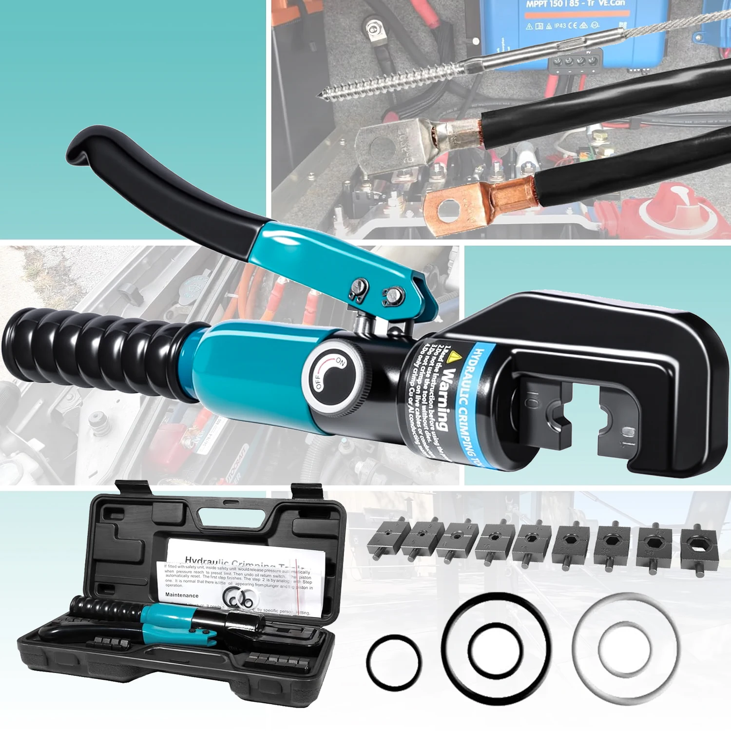 Outil de sertissage hydraulique de 10 tonnes avec 9 outils de meulage - outil de sertissage de câbles, outil de sertissage de câbles métalliques, outil de sertissage de garde-corps