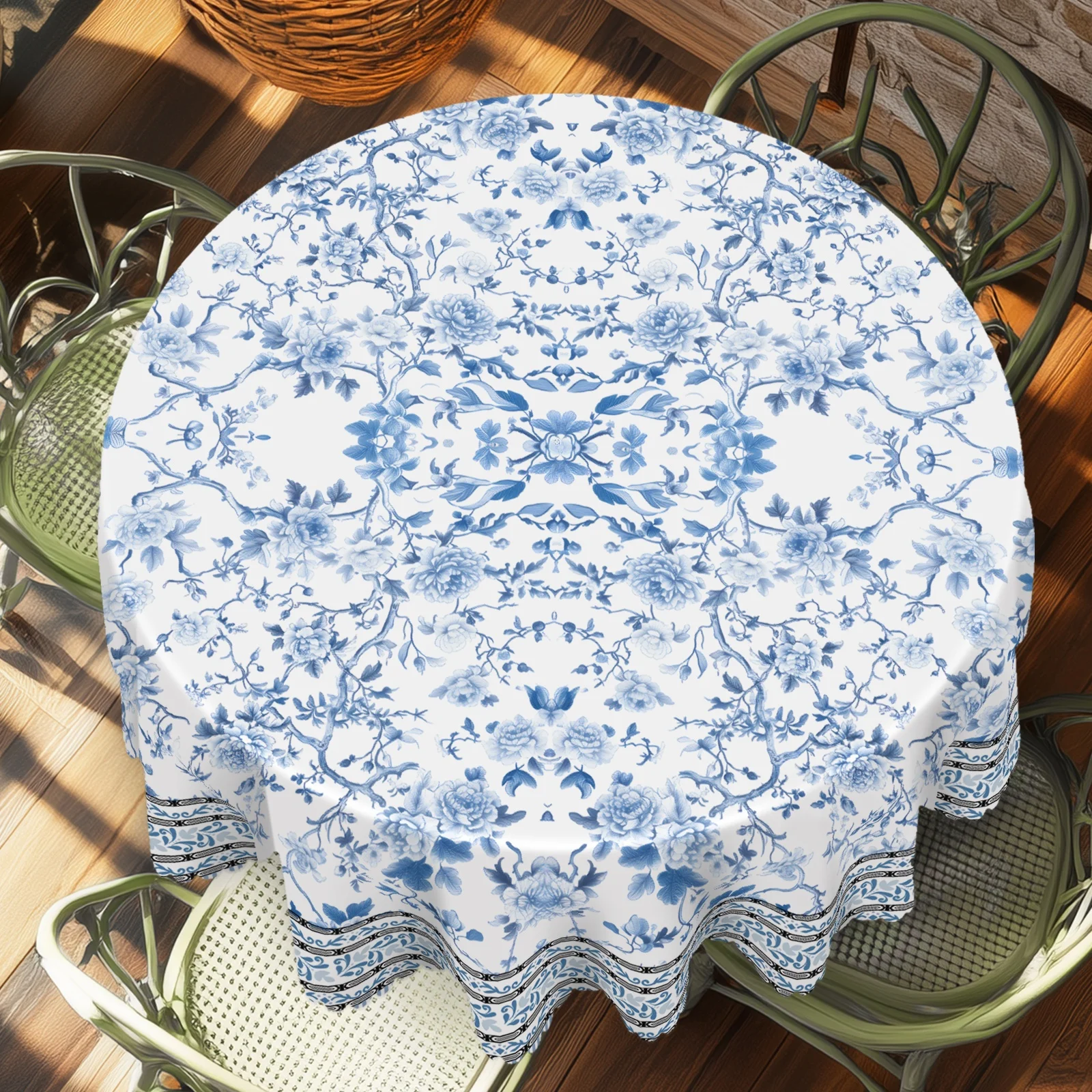 1 Stück blaue Blumen-Tischdecke aus Polyester im böhmischen Stil mit gewelltem Rand, geeignet für die Küchendekoration zu Hause, Raumdekoration Image