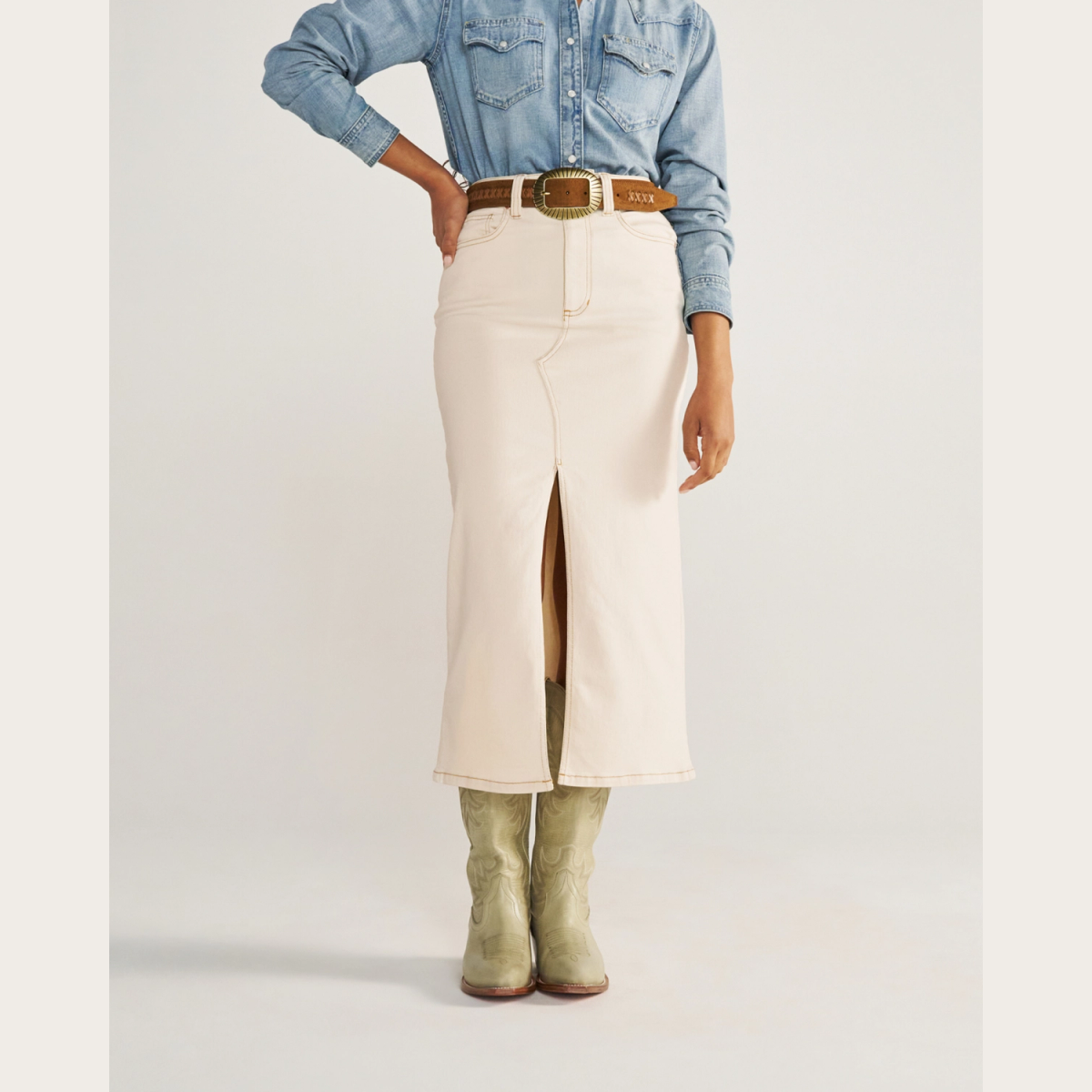 Tecovas Women's Midi Denim Skirt, Natural, 25