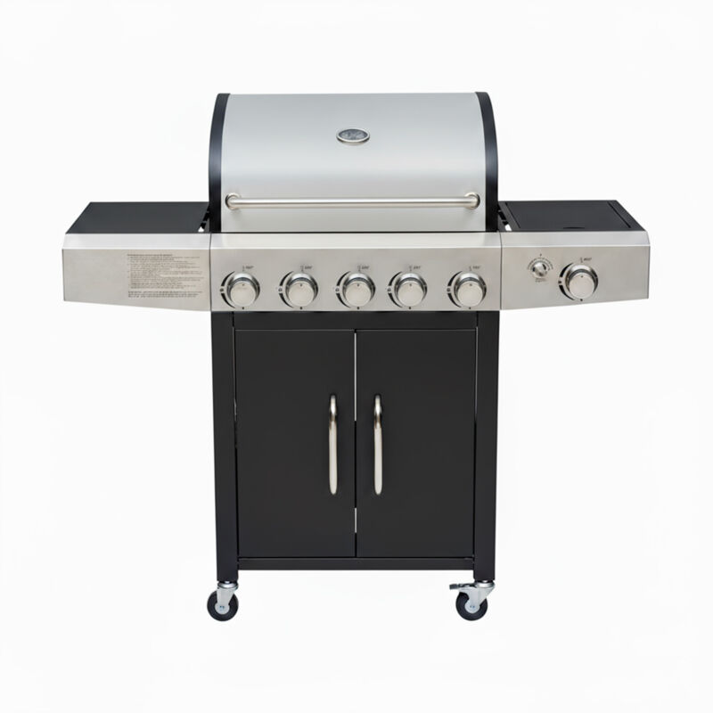 Barbecue A Gas Professionale Xxl Da 19 Kw Con 6 Bruciatori In Acciaio Inox 304 Con Fuoco Laterale Termometro Coperchio Doppio Griglia Di Cottura 70 X 42 Cm Scaldavivande Ruote 140 × 50 × 120 Cm Nero