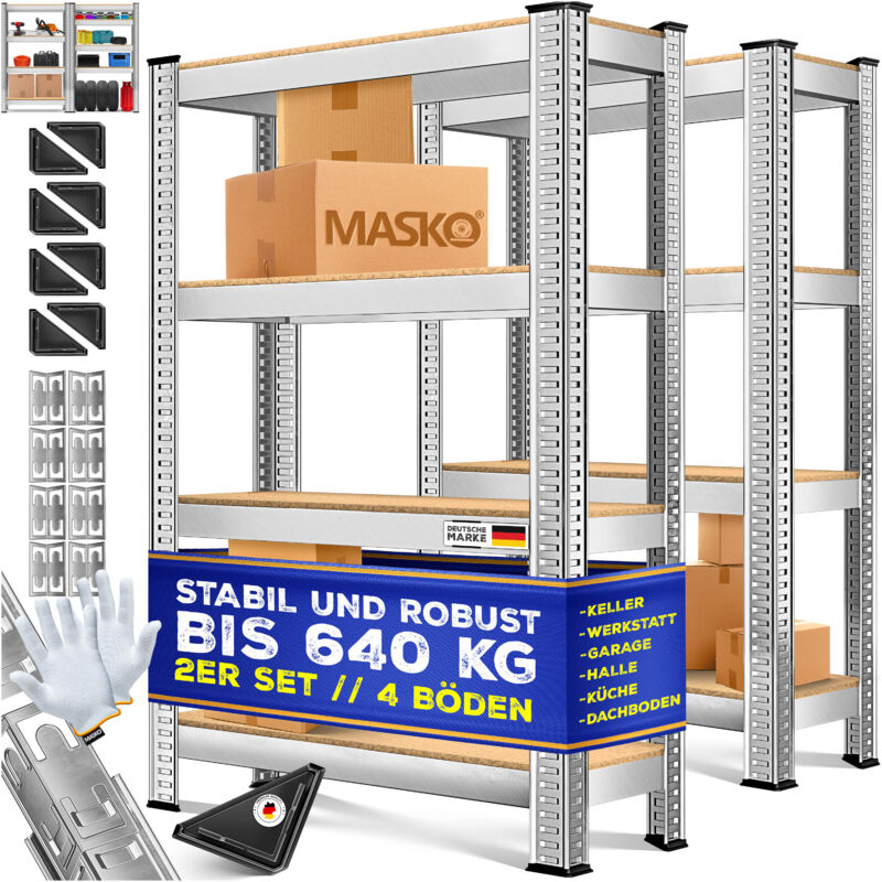 Set Di 2 Scaffali , Portata Fino A 875 Kg, 4 O 5 Ripiani Regolabili, Pannelli In Mdf, Scaffali In Metallo, Argento-700kg / 2x 160x80x40cm 4 Ripiani - Masko