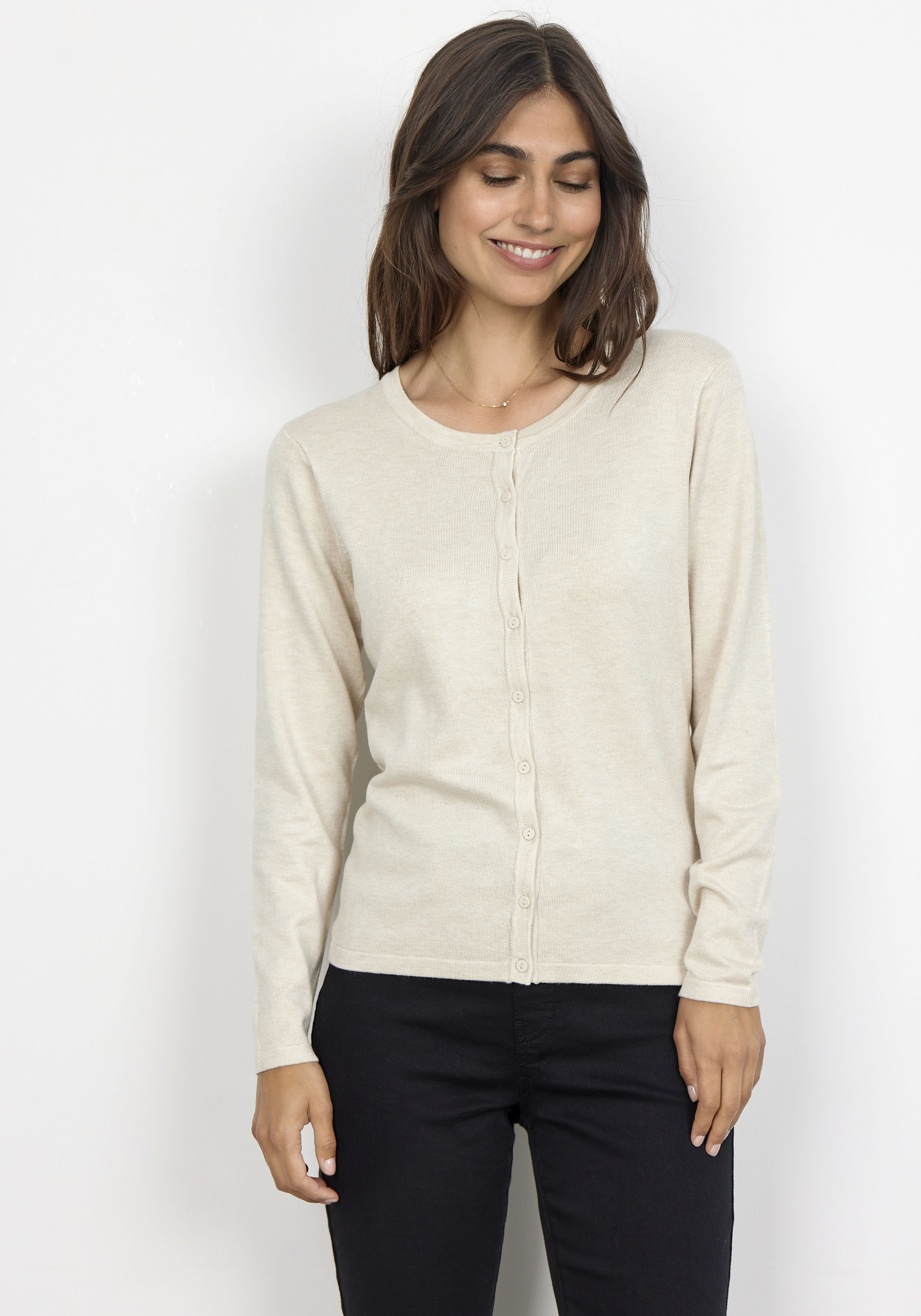Strickjacke SOYACONCEPT "SC-DOLLIE 446", Damen, Gr. XL, beige (cream melange), Feinstrick, Obermaterial: 75% Viskose, 25% Polyamid, gepflegt, figurbetont hüftlang, Rundhals, Rippbündchen, Strickjacken Strickjacke, ein Klassiker