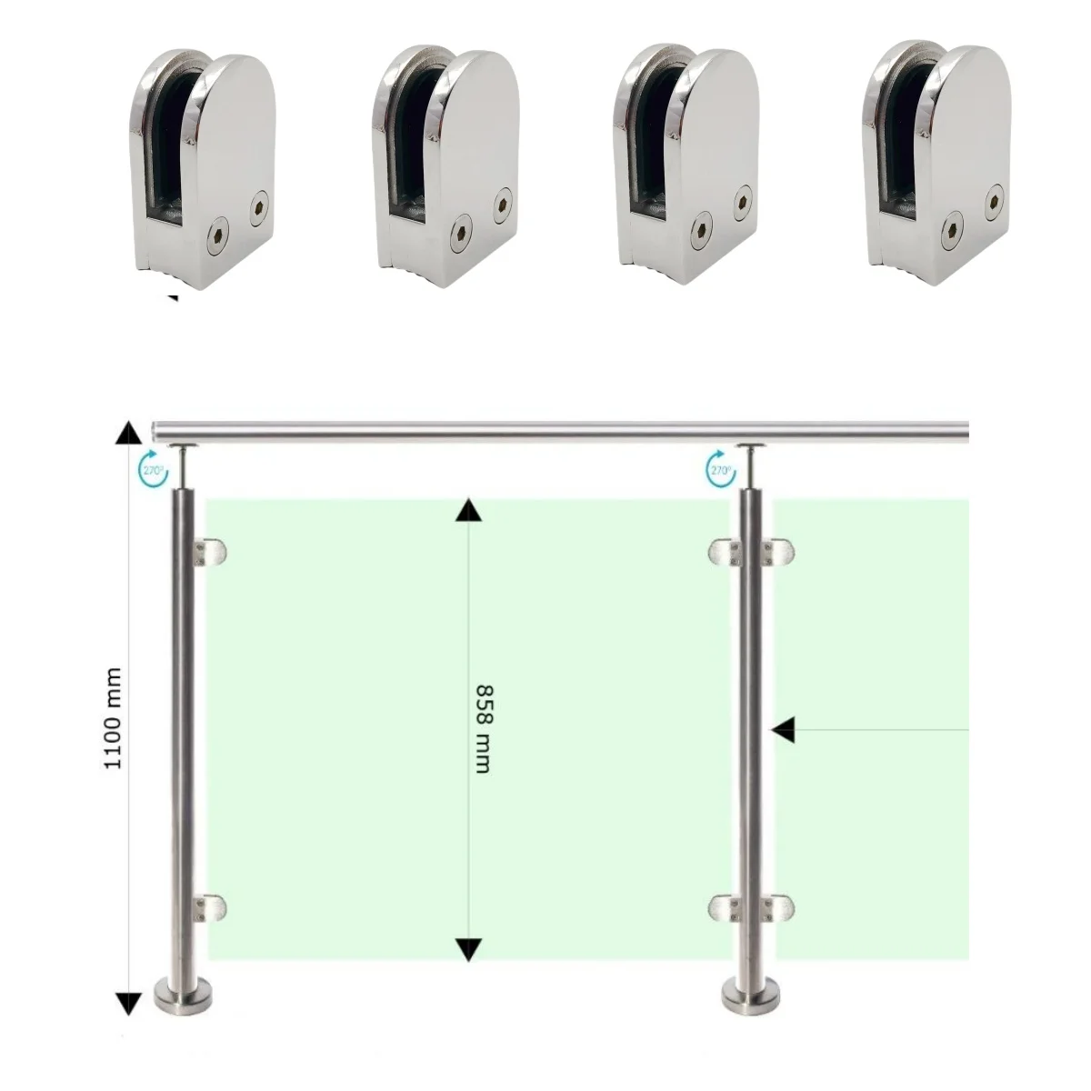 4 Stück Treppenglasgeländer aus Edelstahl 316, 50,8 mm Balustrade-Glasklemmen für 8–10 mm Glas Image