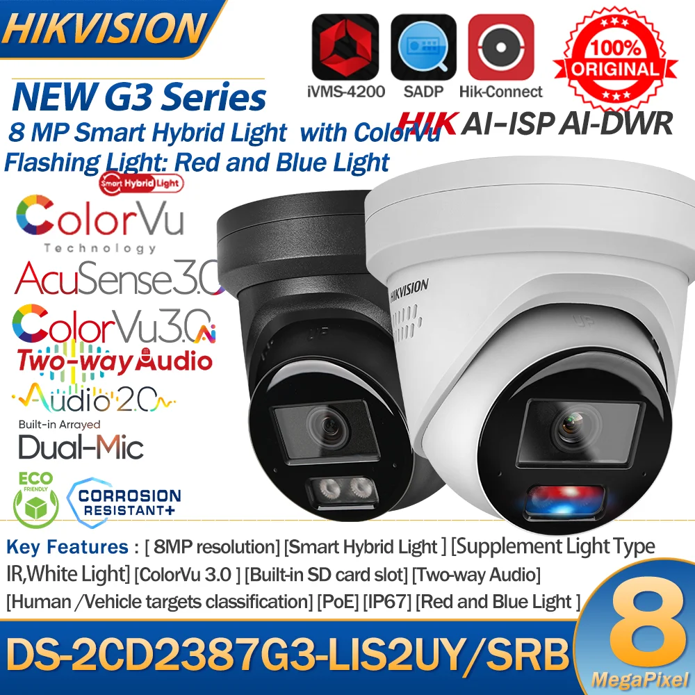 Hikvision DS-2CD2387G3-LIS2UY/SRB 8MP IP-Kamera Smart Hybrid Light ColorVu 2-Wege-Audio Rot Blaulicht Blitzlicht Audioalarm Image