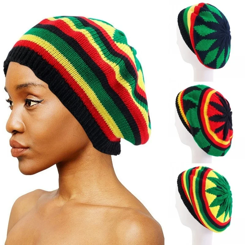 Reggae jamaikanische Strickmütze Beanie Mütze Totenkopfmütze Retro Streifen bedruckte Baskenmütze Mütze Hip Hop Tanz Kopfbedeckung Fancy Bob Rasta Partyhut