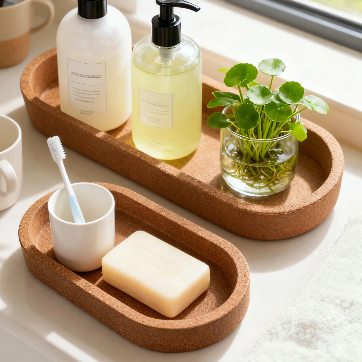 Ovale Form aus Kork, rechteckiges Badezimmer-Tablett für Arbeitsplatten-Organizer, Seifenspender/Parfüm/Schmuckhalter, Küchenutensilien