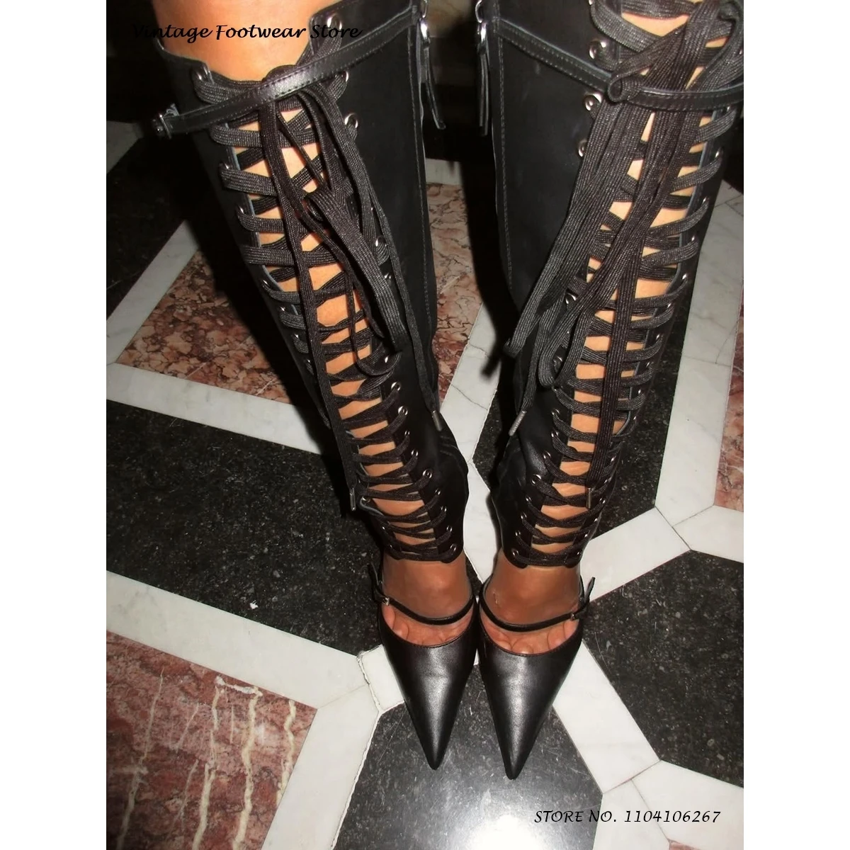 Kreuzgebundene Stiletto-Sommerstiefel, spitze Zehen, dünne Absätze, Partykleid, Schuhe in Übergröße, Damen-Vintage-Schnürstiefel, kniehohe Stiefel