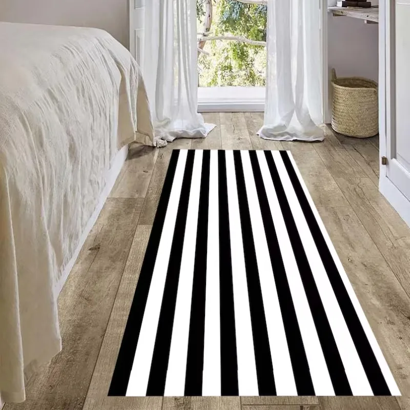 Black White Stripe Pattern Runner Rug Bedroom Room Bed Blanket Shoes Room Living Room Bedroom Kitchen Washable Carpet Mat