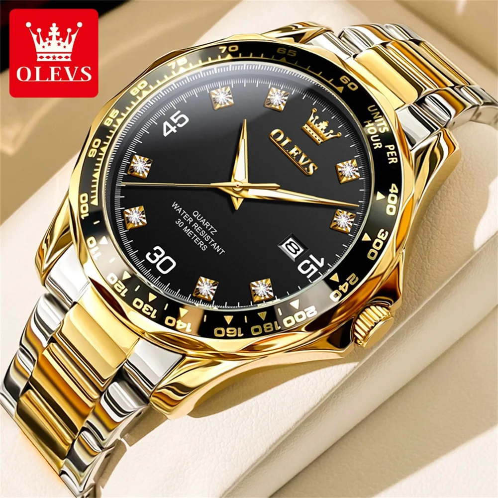 OLEVS 9988 Business Herrenuhr Wasserdicht Edelstahl Leuchtend Quarz Sportuhr Gold Schwarzes Zifferblatt Casual Uhr für Männer