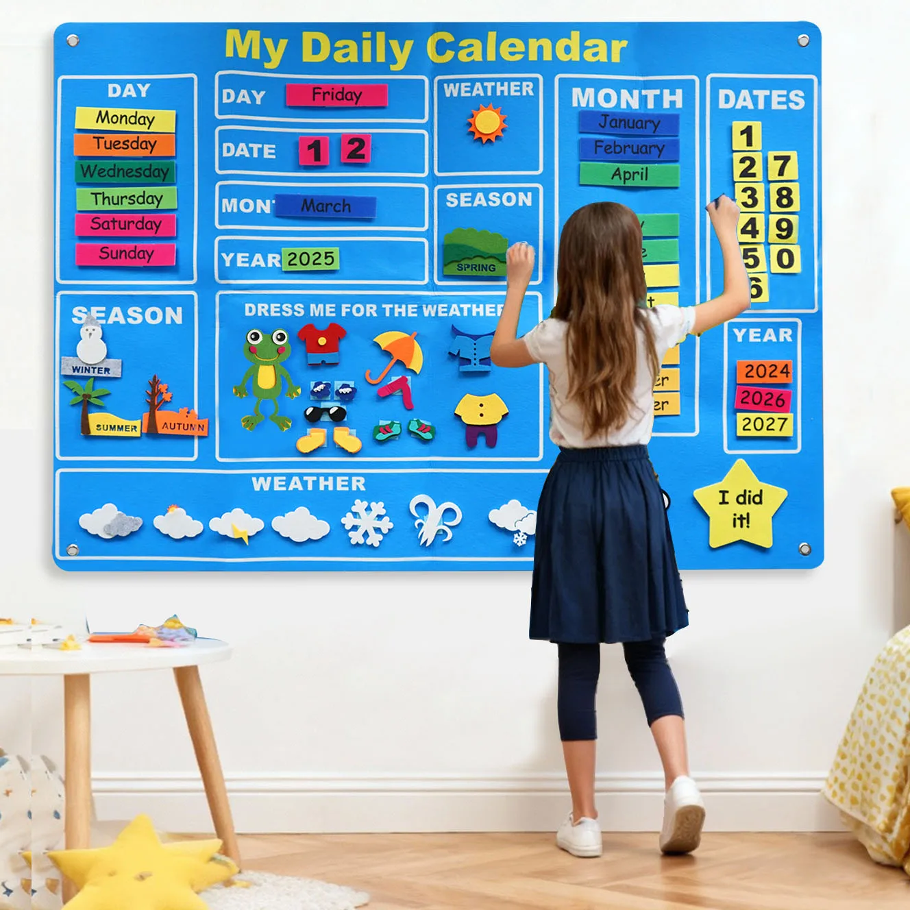 Kinderkalender, Flanelltafel, 40 Zoll x 29,1 Zoll, Montessori, Tagesplanung, Lerntafel, Wandbehang, Weihnachtsgeschenk, pädagogisch Image