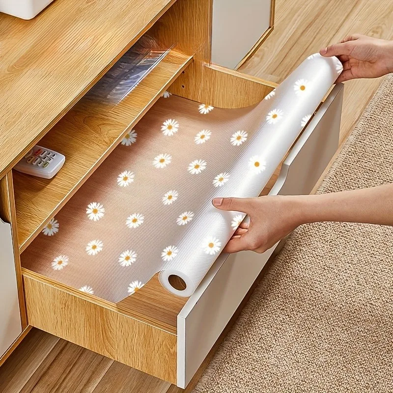 5-teiliges Set (Größe pro Rolle 30*10cm) Ölbeständige Matte mit Chrysanthemenmuster für den Hausgebrauch, bedruckte Tischmatte, Schrankmatte, feuchtigkeitsbeständige Schuhschrank-Schubladenmatte aus