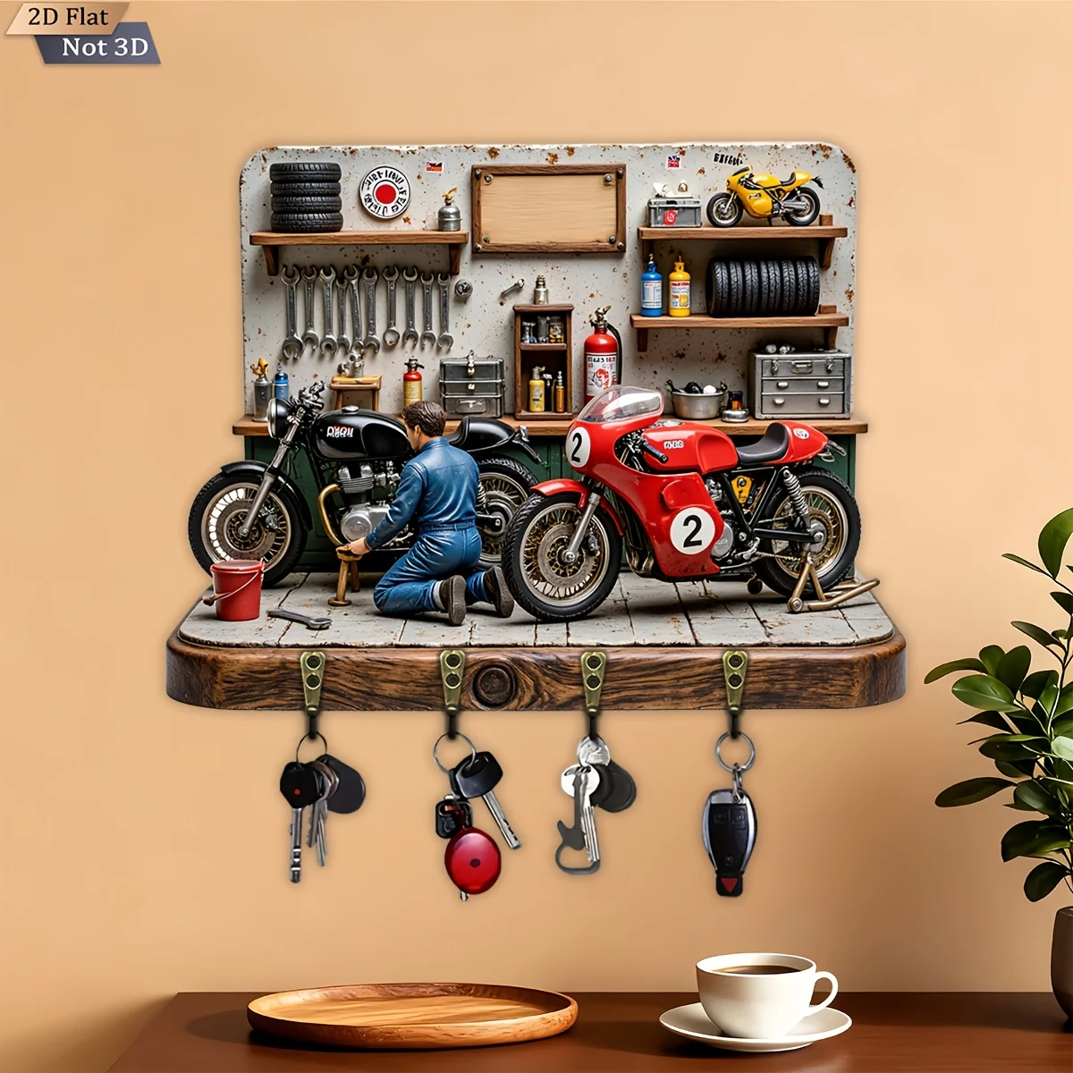 2D Flach, 1 Stück, Schlüsselhaken mit Motorrad-Reparatur-Motiv, Multifunktionaler Holz-Schlüsselhalter für Zuhause, mit Vier Metallhaken, Wanddekoration