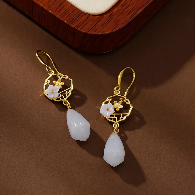 Silber Ohrstecker Elegante Blume Rot Glücklich Tröpfchen Grün Weiß Jade Golden Für Frauen Mädchen Geschenk Schmuck Dropshipping Großhandel