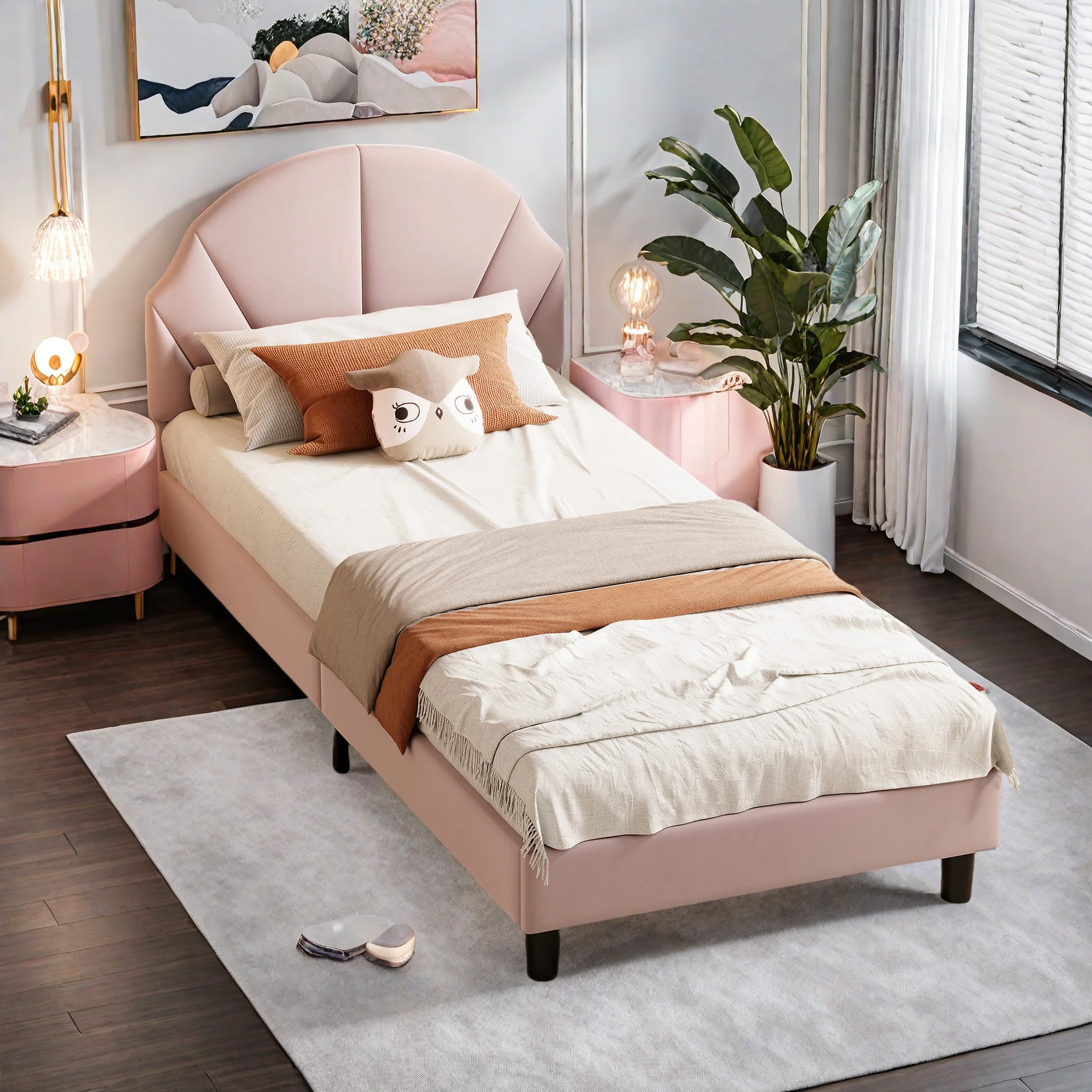 Kinderbett Polsterbett 90x200 cm, Bett mit Verstellbares Kopfteil, Bettgestell mit Lattenrost & Rückenlehne, Einzelbett, Jugendbett für Mädchen, Gepolstertes, Ohne Matratz, Samt, Rosa Image