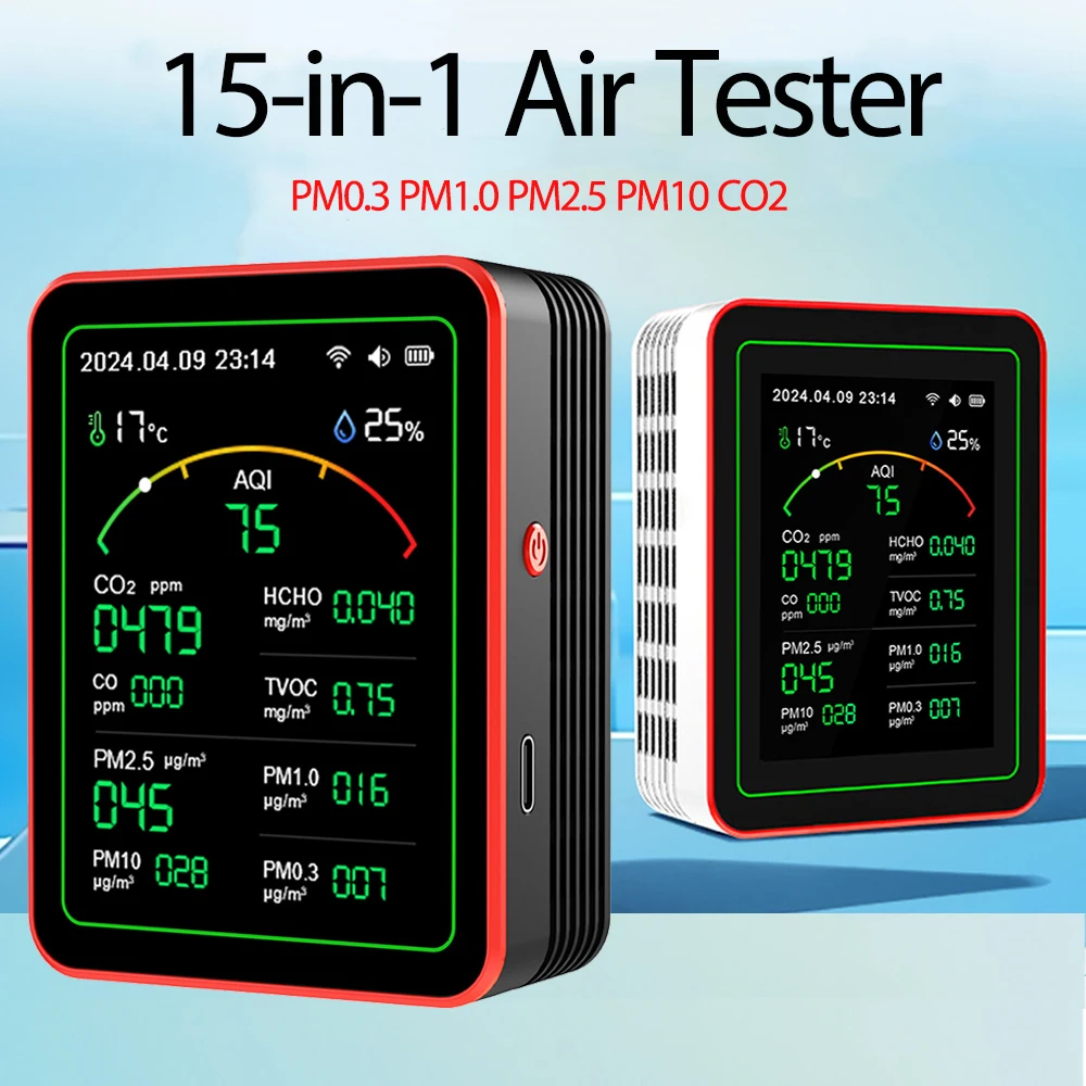 WiFi 15 in 1TFT Display Tragbare AQI PM0,3 PM1,0 PM2,5 PM10 CO CO2 TVOC HCHC Tester Temperatur Feuchtigkeit Luft Qualität Detektor Image