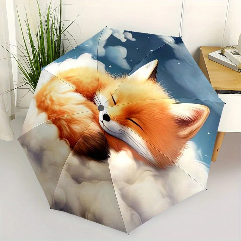 Regenschirm mit schlafendem Fuchs auf Wolken, Kunststoffgriff, kompakt und stilvoll, lebendiges Cartoon-Muster, geeignet für alle Jahreszeiten zu Hause Image
