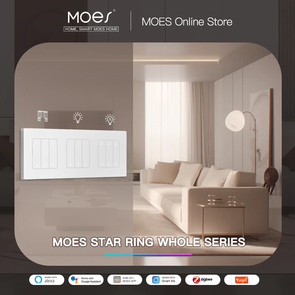 MOES Smart Lichtschalter Tuya ZigBee Star Ring Serie Dimmerschalter und Vorhangschalter Smart Life APP Funktioniert mit Alexa Google Home Image