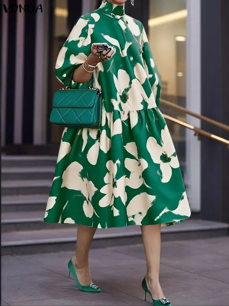 Plus Größe 5XL VONDA Böhmischen Midi Kleider Frauen Herbst 3/4 Puff Sleeve Stehkragen Rüschen Lange Robe Casual Druck Vestidos